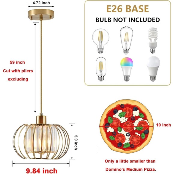 Gold Crystal Pendant Light Fixture Kitchen Adjustable 59 inch Cord - Picture 3 of 9